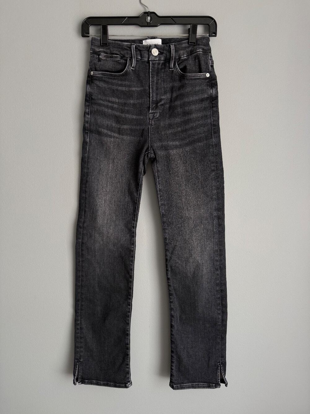 FRAME Le Super High Straight Jeans Women's 27 Black Wash Slit Hem Denim